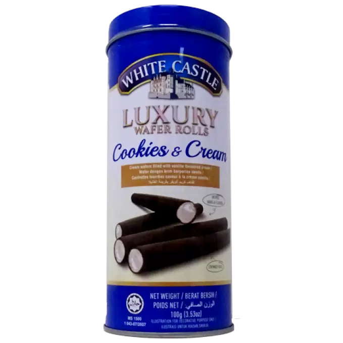 WHITE CASTLE COOKIES&CREAM WAFER ROLLS 100g TIN 100 gm